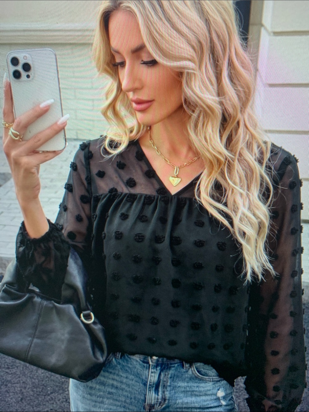 Black Sheer Swiss Dot Long-Sleeve Top - Brand Not Visible